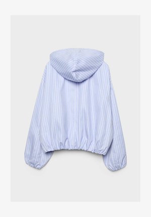 Svijetloplava i bijela jakna s kapuljačom i vertikalnim prugama, s elastičnim manžetama i strukom, prikazana s leđa na jednobojnoj pozadini.