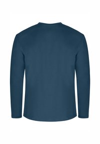 Langärmeliges, Rundhals-Shirt in Dunkelblau, mit glatter Textur und einem schlichten Design ohne sichtbare Logos oder Muster.