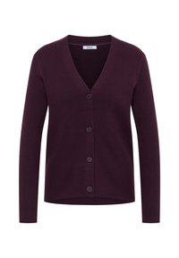V-Ausschnitt Cardigan in Dunkellila, geripptes Muster, mit langen Ärmeln und sechs Knöpfen vorne. Hergestellt aus weichem, elastischem Material.