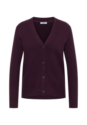 V-neck cardigan in dark purple, ribbed texture, with long sleeves and six buttons down the front. Made from soft, stretchy material.
