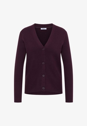 V-neck cardigan in dark purple, ribbed texture, with long sleeves and six buttons down the front. Made from soft, stretchy material.