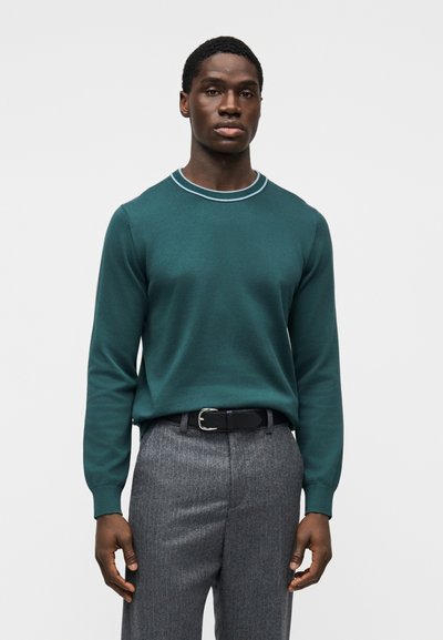 Pull en maille vert foncé avec un col rond et des bordures bleu clair, associé à un pantalon gris à fines rayures et une ceinture noire. Texture lisse.