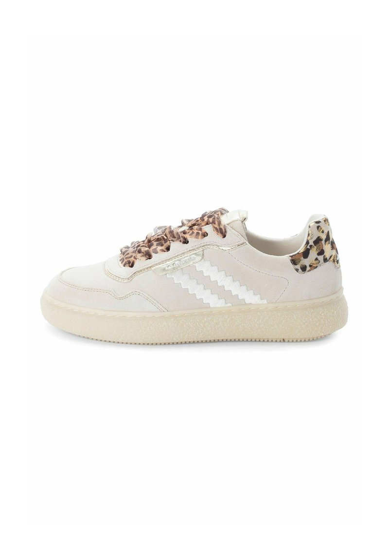 Low-top beige sneaker with textured sole, wavy white side stripes, leopard-print laces, and leopard-patterned heel patch.