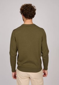 Pull olive en tricot, au design ajusté, à manches longues et à col rond. Texture unie sans motifs ni accents visibles.