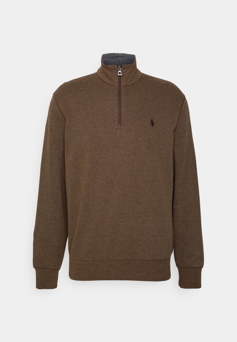 Brun zip-up sweatshirt i mjukt tyg, med ståkrage och en liten broderad logotyp på vänster bröst.
