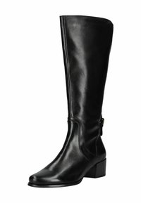 Bota de cuero negra hasta la rodilla con punta cuadrada, tacón medio y detalle de hebilla lateral. Textura suave con un diseño elegante.