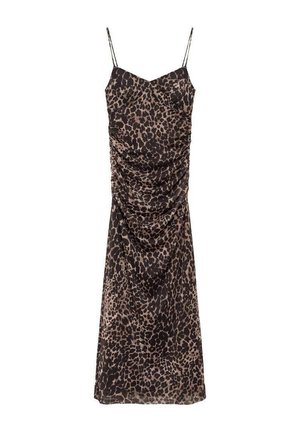 Black and brown leopard print dress with spaghetti straps, draped fabric, and a smooth texture. Above-knee length.
