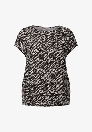 Schwarz-weißer gemusterter Kurzarm-Top mit lockerem Schnitt, Rundhals und strukturiertem Stoff. Das Design umfasst abstrakte Linien.