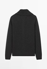 Dark gray sweater with a wide ribbed collar, dropped shoulders, and ribbed cuffs and hem. Made from a soft, textured knit material.