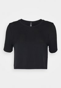 T-shirt cropped preto com parte superior em malha texturizada e parte inferior em tecido sólido. Tem mangas curtas e decote redondo.