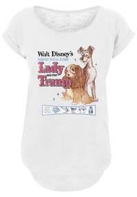 Hvit T-skjorte med korte ermer som har et trykt design av "Lady and the Tramp" med fargerike illustrasjoner og tekst. Mykt stoff, avslappet passform.