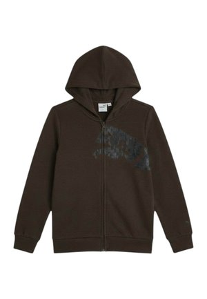 Felpa con cappuccio marrone scuro con zip e grande logo nero Puma sul petto e sulle spalle.