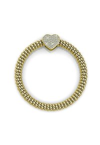 Anello tono oro realizzato con piccole perle sferiche, con una parte superiore a forma di cuore con una superficie scintillante simile a un gioiello.