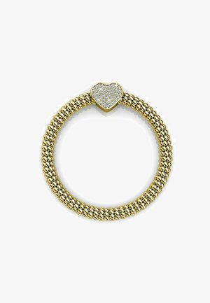 Anello tono oro realizzato con piccole perle sferiche, con una parte superiore a forma di cuore con una superficie scintillante simile a un gioiello.