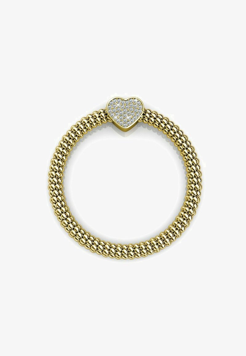 Gouden ring gemaakt van kleine sferische kralen, met een hartvormige top en een sprankelend, juweelachtig oppervlak.