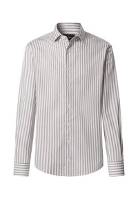 Koszula na guziki z długim rękawem w białe i jasnoszare pionowe paski, wykonana z bawełny, z klasycznym kołnierzykiem i mankietami.