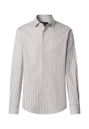 Košeľa s dlhým rukávom na gombíky s bielymi a svetlosivými vertikálnymi pruhmi, vyrobená z bavlny s klasickým golierom a detailmi na manžetách.