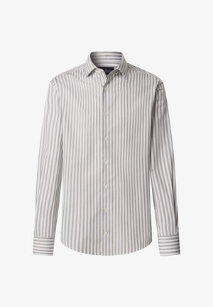 Langärmliges Hemd zum Knöpfen in Weiß und hellgrauen vertikalen Streifen, aus Baumwolle gefertigt mit klassischem Kragen und Manschettendetails.
