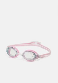Pink swimming goggles with clear lenses, soft silicone seals, and a transparent strap, featuring adjustable fastening for secure fit.