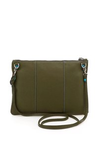 Borsa a tracolla in pelle verde oliva con dettagli blu, chiusura con zip e particolare di cucitura. Texture liscia e forma rettangolare.