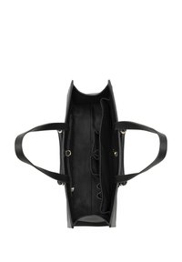 Black leather tote bag with dual handles, structured shape, and spacious interior featuring multiple compartments and a smooth texture.