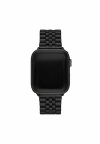 Montre en métal noir avec un cadran carré et une finition lisse et brillante ; elle présente un bracelet texturé de type maillon avec des maillons rectangulaires uniformes.