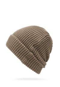 Bonnet en tricot marron avec un motif texturé en forme de gaufre et une paire de bords souples et flexibles. Léger et chaud, idéal pour un usage décontracté.