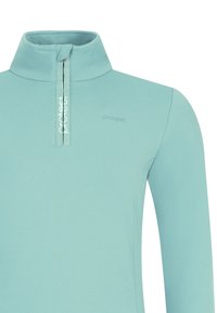 Šviesiai mėlynas, ilgomis rankovėmis megztinis su pusiau užtrauktuku ant kaklo, su subtiliu logotipu ir glotnia, tampria medžiaga.