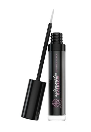 Clear tube of black eyebrow booster serum with pink and white text, open cap showing thin applicator brush.
