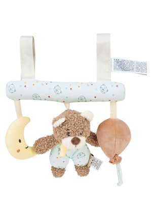 Soft baby stroller toy bar with smiling crescent moon, teddy bear in patterned pants, and brown balloon hanging from fabric strap.