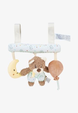 Soft baby stroller toy bar with smiling crescent moon, teddy bear in patterned pants, and brown balloon hanging from fabric strap.
