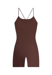 Combinaison courte moulante marron sans manches avec fines bretelles croisées aux épaules et jambes courtes.
