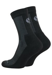 Chaussettes noires avec un design texturé et des accents gris. Fabriquées en matériau doux, elles possèdent un talon et un orteil renforcés pour plus de durabilité.