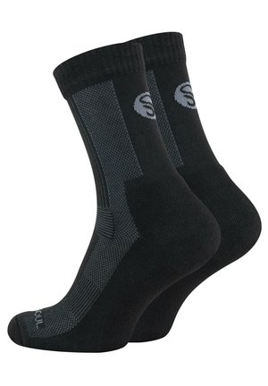 Black socks with a textured design and gray accents. Made of a soft material, featuring a reinforced heel and toe for durability.