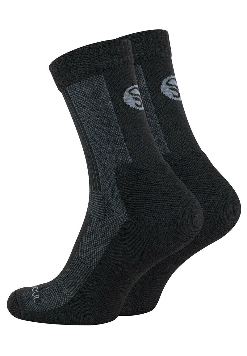 Chaussettes noires avec un design texturé et des accents gris. Fabriquées en matériau doux, elles possèdent un talon et un orteil renforcés pour plus de durabilité.