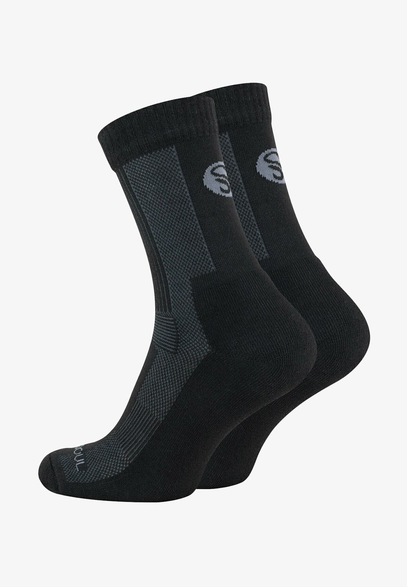 Chaussettes noires avec un design texturé et des accents gris. Fabriquées en matériau doux, elles possèdent un talon et un orteil renforcés pour plus de durabilité.