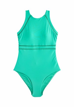 Turkos endelad baddräkt med hög hals, racerback-design och dekorativa horisontella ränder längs midjan. Slät textur.