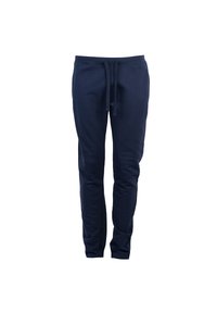 Granatowe dresy wykonane z miękkiej mieszanki bawełny. Posiadają elastyczny pasek w talii z regulowanym sznurkiem oraz zwężane nogawki. Gładka tekstura.