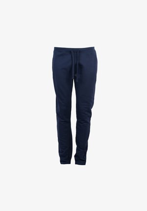 Pantaloni sportivi blu navy realizzati in morbido misto cotone. Presentano una vita elastica con cordino regolabile e gambe affusolate. Tessuto liscio.