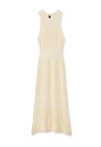 Strick-Maxikleid in Creme mit geripptem Ausschnitt, strukturiertem Oberteil mit Zickzack- und Spitzenmustern sowie einem ausgestellten, gestuften Saum.