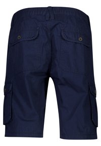 Marinblå cargoshorts i blandat bomullstyg, med dubbel bakficka, sidofickor och elastisk midja för komfort.