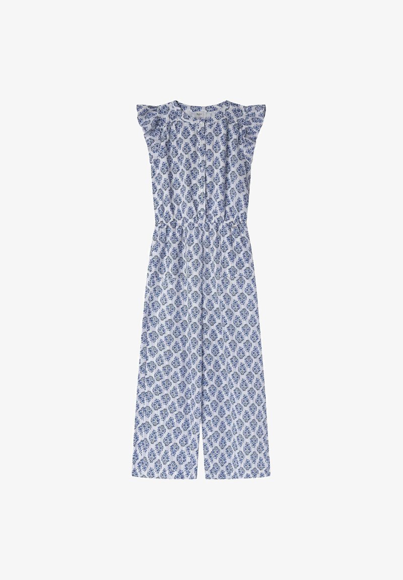 Mono blanco con patrón floral azul, mangas cortas con volantes, cintura elástica y diseño de pierna ancha. Textura de tela suave.