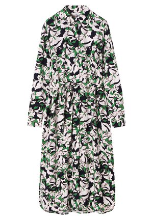 Dlhý rukáv, košeľové šaty s kvetinovým vzorom, biele kvety a zelené listy na námorníckom pozadí. Obsahuje sťahovaný pás a rozšírenú sukňu.