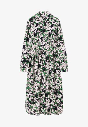 Dlhý rukáv, košeľové šaty s kvetinovým vzorom, biele kvety a zelené listy na námorníckom pozadí. Obsahuje sťahovaný pás a rozšírenú sukňu.