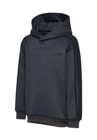 Mörkgrå huvtröja med hög krage och åtsittande ärmar, tillverkad av ett mjukt material med en subtil struktur, och en logotyp på framsidan.