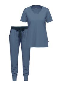 Sininen lyhythihainen paita pyöreällä kaula-aukolla, yhdistettynä samasta materiaalista valmistettuihin joustaviin jogger-housuihin, joissa on kuminauha vyötäröllä ja solmuseikka. Pehmeä materiaali.