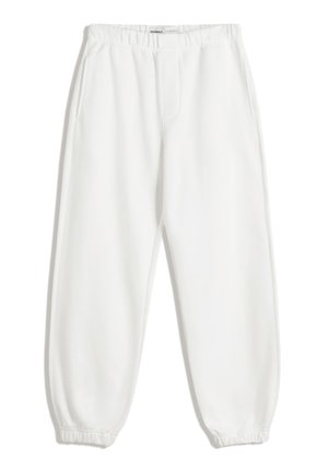 White elastic waist sweatpants with side pockets and gathered elastic cuffs at ankles, made of soft fabric.