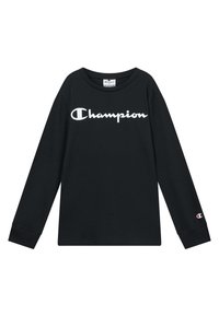 Camiseta de manga larga negra de algodón, con un logo en blanco de "Champion" en el frontal y un pequeño acento de logo en la manga.