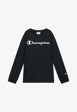 Czarny t-shirt z długim rękawem, wykonany z bawełny, z białym logo "Champion" z przodu i małym akcentem logo na rękawie.