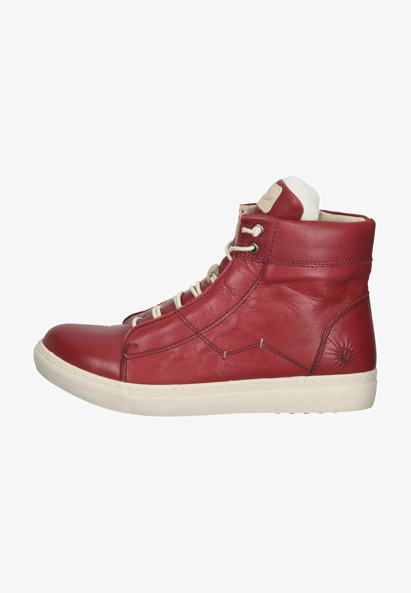 Rote Leder High-Top Sneaker mit cremefarbener Gummisohle, ausgestattet mit schnürbarem Vorderteil, weichem Innenfutter und dekorativen Nähten.